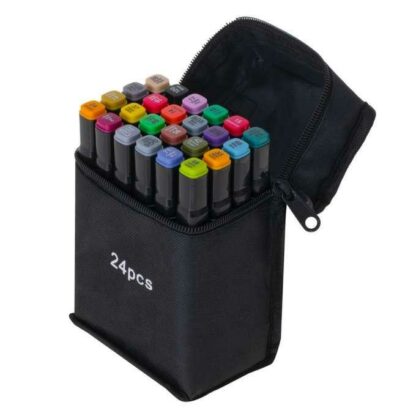 24-Pack - Markerpenner med etuier - Dobbeltsidig flerfarget penn